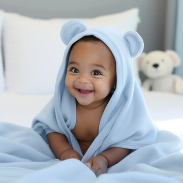 Cute happy laughing baby boy in soft bathrobe after bath playing