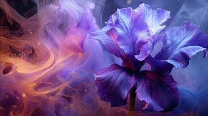  a close up of a purple flower on a blue and purple background with a red and yellow smoke trail behind it.  generative ai - obrazy, fototapety, plakaty