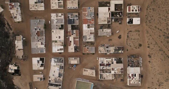 Overhead aerial view of La Graciosa, a small island town off the coast of Lanzarote in the Canary Islands, Spain