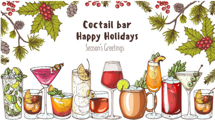 Alcoholic cocktail. Christmas menu. Hand drawn vector illustration. Hand drawn drinks illustration. Cocktails set. Menu design elements.