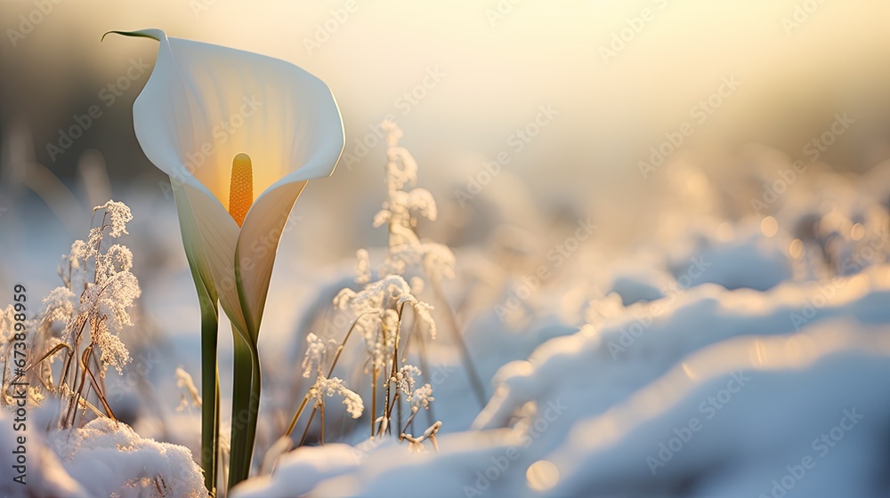 Canvas Prints  a close up of a white flower in a field with snow on the ground and grass in the foreground.  generative ai