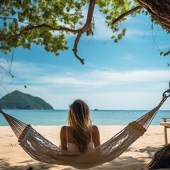 woman relaxing in hammock on the beach, enjoy the life