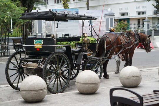 The Delman driver wore traditional Javanese Blangkon headgear and typical patterned clothing. They are waiting for passengers on Jalan Malioboro.