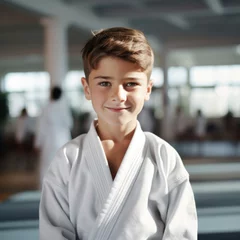 Gordijnen Caucasian little toddler ready for his taekwondo class at the martial arts school © Danko