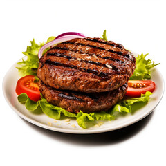 Burger patty on a plate on isolated white background - ai generative