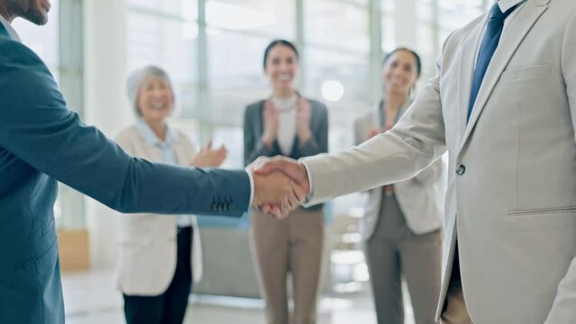 Business people, meeting and handshake, applause and partnership success at law firm or b2b recruitment. Corporate lawyer or manager shaking hands with employee or clients for deal, agreement or deal