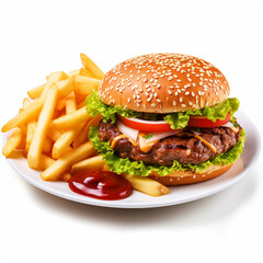 Delicious burger and french fries on a plate on isolated white background - ai generative