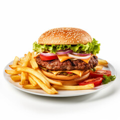 Delicious burger and french fries on a plate on isolated white background - ai generative