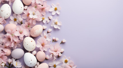 creative easter layout. horizontal pattern made with spring flowers and eggs on a pastel lilac background. copy space. top view. flat lay 