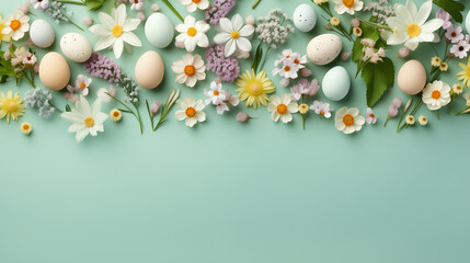 creative easter layout. horizontal pattern made with spring flowers and eggs on a pastel green background. copy space. top view. flat lay
