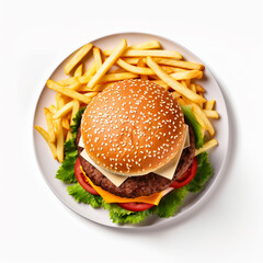 Delicious burger and french fries on a plate top view on isolated white background - ai generative - obrazy, fototapety, plakaty