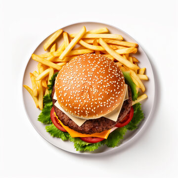 Delicious burger and french fries on a plate top view on isolated white background - ai generative