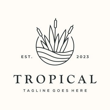 tropical cattail line art logo vector minimalist illustration design, cattails aquatic flower logo design