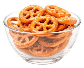 Salted pretzels in bowl isolated on transparent or white background