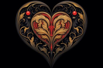 Illustration of a heart with leaves and swirls in Mucha and Art Nouveau style on a black background, perfect for design and art projects. Generative AI