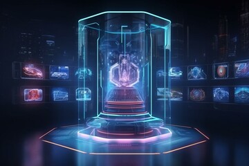 Fototapeta na wymiar Futuristic display with hi-tech interfaces, hologram technology, teleport podium, and digital data protection. Generative AI