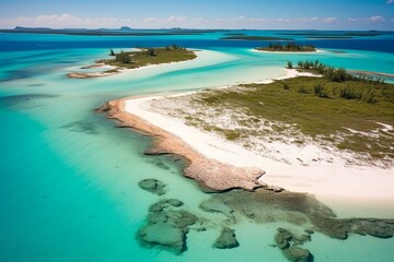 Bird's-eye view of Long Island's atlantic coast in the Bahamas, showcasing sandy beaches beside vibrant turquoise sea. Generative AI - obrazy, fototapety, plakaty