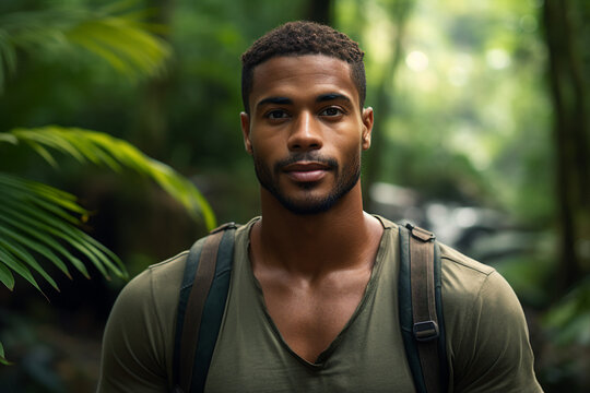 Generative AI image of handsome guy walking in green rainforest exploring nature