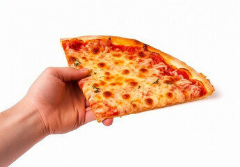 human hand with pizza slice delicious on white background