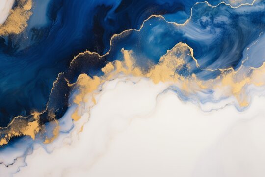 Mesmerizing Alcohol Ink Creation Unfolds With A Navy Blue And Gold Marbling Abstract Background