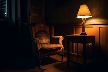 A chair beside a lit lamp. Generative AI
