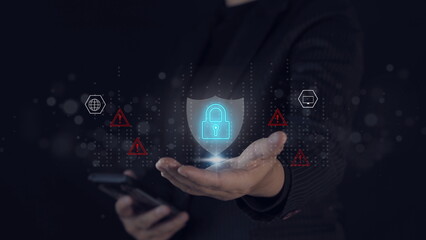 Cyber security and data privacy Business leaders use security technology to use internet networks. Businessman showing personal data lock in hand, high end cyber security concept