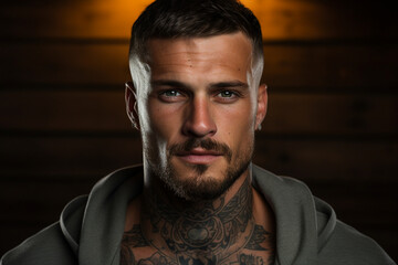 Confident man with muscular body tattooed on black background ai gnerated image
