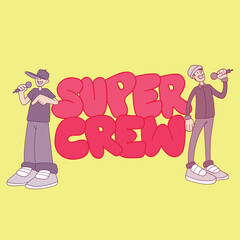 vector comic illustration of two rappers with Super Crew graffiti