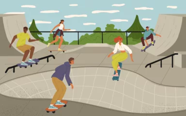 Poster Group of teenage children skateboarding at urban skateboard park © Wanlee