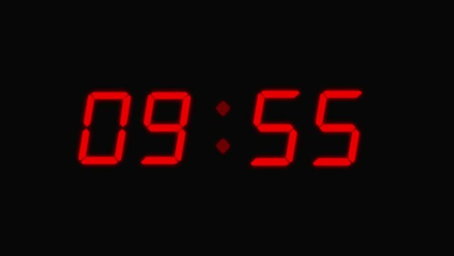 10 minutes countdown timer animation, digital alarm clock on black