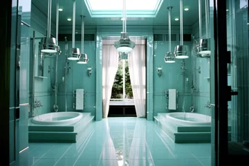 Fototapeten 3D bathroom with Italian shower, suspended double sink. Generative AI © Gia