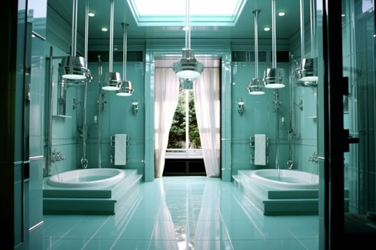 3D bathroom with Italian shower, suspended double sink. Generative AI