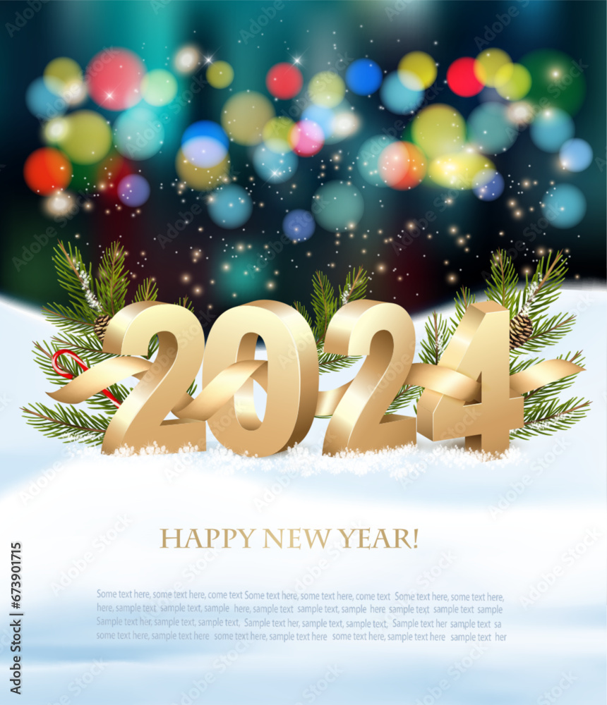 Poster christmas holiday and happy new year background with branches of christmas tree and 2024 numbers. ve