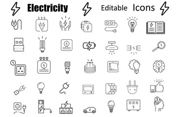 Electricity and Energy Line Editable Icons set. Vector illustration in modern thin line style of industrial icons: electric transport, electrical equipment, energy sources - obrazy, fototapety, plakaty