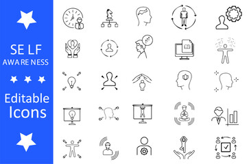 Self Awareness line editable icons set. Modern thin line style of self estimate related icons: self-care, self-love, self-acceptance, and personal growth. Vector illustration