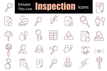 Inspection Line Editable Icons set. Verification web icons in thin line style: inspector, testing, inspection report, quality control, house inspection. Vector illustration