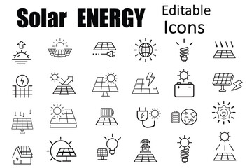 Solar Energy Line Editable Icons set. Modern thin outline style of sun power photovoltaic (PV) home system and renewable electric energy technology signs: house, cell, battery