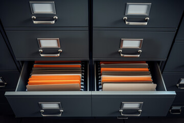 File cabinet with a wide open drawer full of files. Generative AI - obrazy, fototapety, plakaty