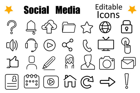 Social Media Line Editable Icons set. Modern line style of Media and Web icons: message, bubble, user, sharing, commands and buttons symbols