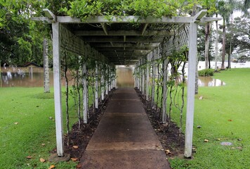Walkway with a flooded area in the background in Maryborough, Queensland, Australia,