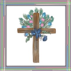 Wooden cross in a frame, decorated with floral composition