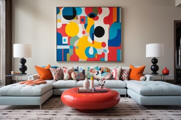 Art-Focused Modern Living Quarters.
Sleek living area highlighted by a multicoloured painting above plush seating and a vibrant red coffee table.