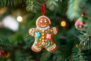 Christmas tree ornament in the shape of a gingerbread man with colorful decoration. Generative AI