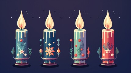 Flat Design Advent Candles Set for Festive Holiday Decorations Isolated Vector Illustration - obrazy, fototapety, plakaty