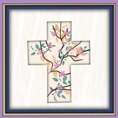 Paper-cut cross in a frame, decorated with leaves and flowers