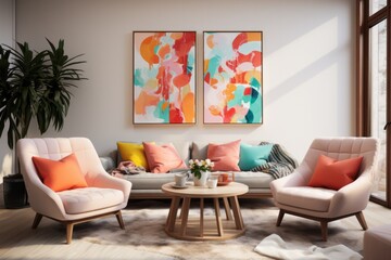 Fototapeta premium Pastel Tones in Artistic Living Space. A serene living room adorned with pastel-toned abstract paintings and complementary soft furnishings.