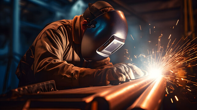Close-up image of industrial worker at the factory welding.