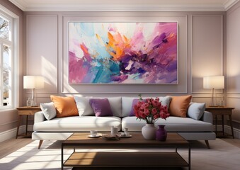 Modern Living Room with Bright Artistic Flair.
Bright living room featuring a striking abstract canvas and elegant furnishings.