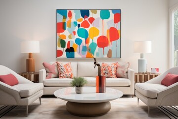 Chic Living Space with Colourful Geometric Artwork.
A fashionable living room adorned with a geometric patterned painting and modern decor.