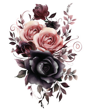 Dark Gothic Floral Watercolor Clipart, Gothic Floral Sublimation with Dark Watercolor, Transparent Background, transparent PNG, Created using generative AI